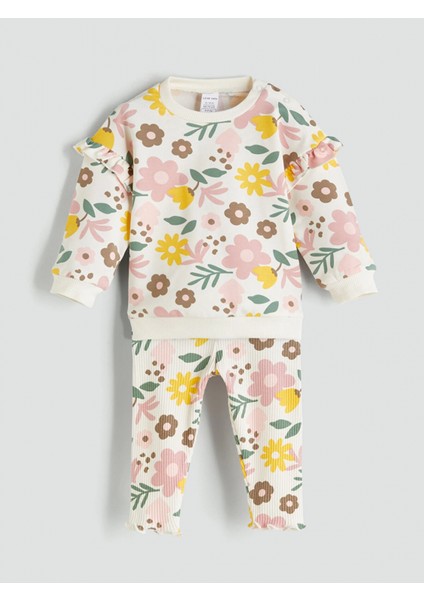 Lcw Baby Ekru Bisiklet Yaka Çiçekli Kız Bebek Sweatshirt ve Eşofman Alt 2'li