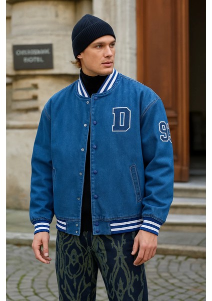 Erkek Oversize Nakışlı Mavi Bol Kot Kolej Ceket fiyatları