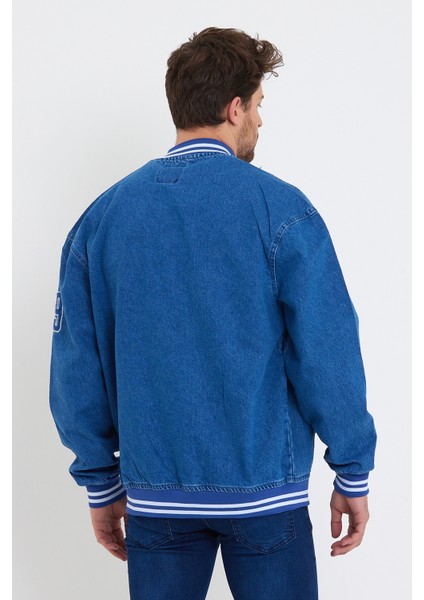 Erkek Oversize Nakışlı Mavi Bol Kot Kolej Ceket modelleri