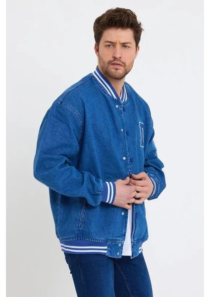 Erkek Oversize Nakışlı Mavi Bol Kot Kolej Ceket indirimleri