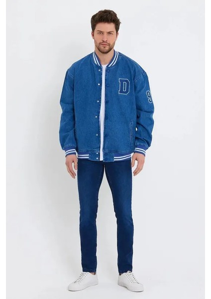 Erkek Oversize Nakışlı Mavi Bol Kot Kolej Ceket