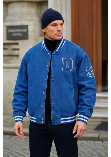 Erkek Oversize Nakışlı Mavi Bol Kot Kolej Ceket