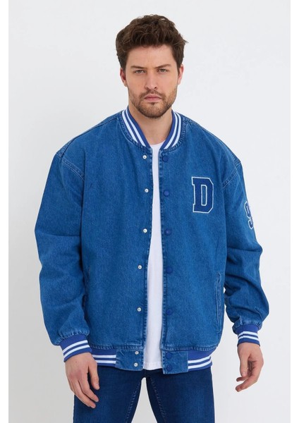 Erkek Oversize Nakışlı Mavi Bol Kot Kolej Ceket fırsatları