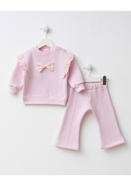 Kız Bebek Pamuklu Pembe Fiyonk Detaylı Sweatshirt Ispanyol Paça Takım - Dantel Volanlı Şık Tasarım
