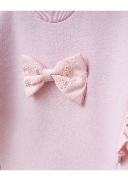 Kız Bebek Pamuklu Pembe Fiyonk Detaylı Sweatshirt Ispanyol Paça Takım - Dantel Volanlı Şık Tasarım fiyatları