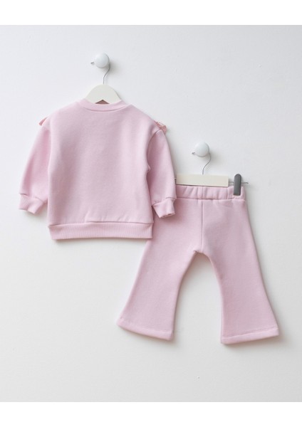 Kız Bebek Pamuklu Pembe Fiyonk Detaylı Sweatshirt Ispanyol Paça Takım - Dantel Volanlı Şık Tasarım modelleri