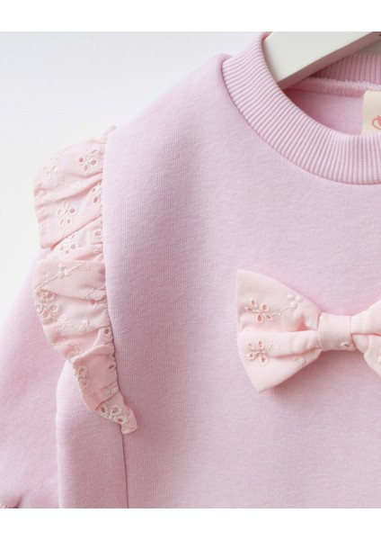 Kız Bebek Pamuklu Pembe Fiyonk Detaylı Sweatshirt Ispanyol Paça Takım - Dantel Volanlı Şık Tasarım fırsatları