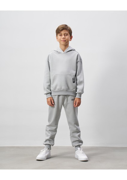 Erkek Çocuk Pamuklu Gri Kapüşonlu Sweatshirt Eşofman Alt-Üst Takım - Rahat Günlük Giyim