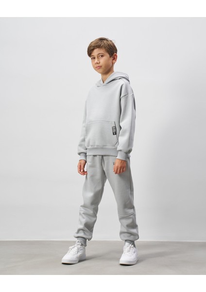 Erkek Çocuk Pamuklu Gri Kapüşonlu Sweatshirt Eşofman Alt-Üst Takım - Rahat Günlük Giyim fırsatları