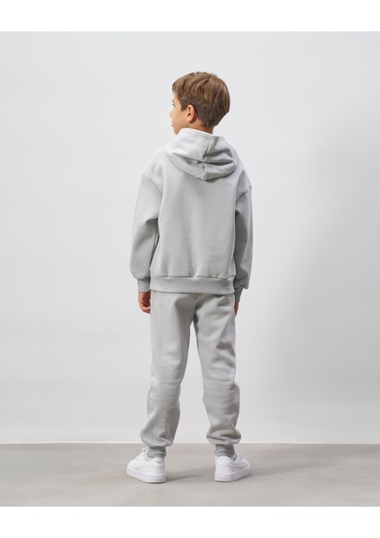 Erkek Çocuk Pamuklu Gri Kapüşonlu Sweatshirt Eşofman Alt-Üst Takım - Rahat Günlük Giyim indirimleri