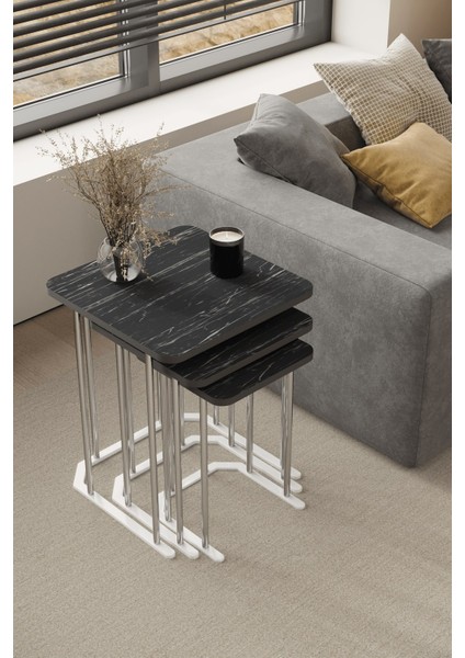 3' Lü Kare Zigon Sehpa Gümüş Ayak Siyah Mermer Desen 18 mm Mdf fiyatları