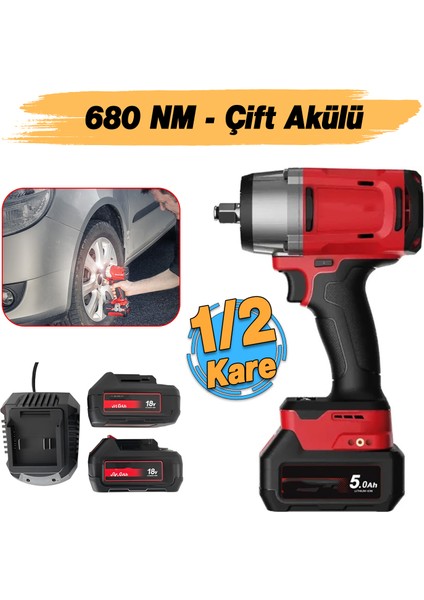 Şarjlı Çift Akülü Darbeli Somun Sıkma 1/2 Sökme Tabanca 680 Nm Tork Teker Bijon Söküm 18 Volt