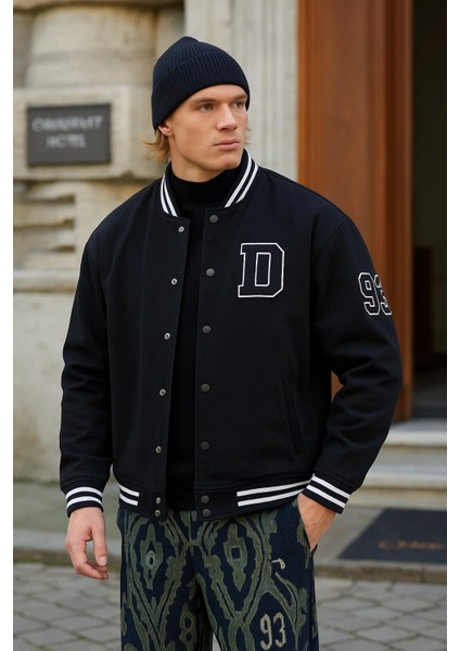 Erkek Oversize Nakışlı Siyah Bol Kot Kolej Ceket