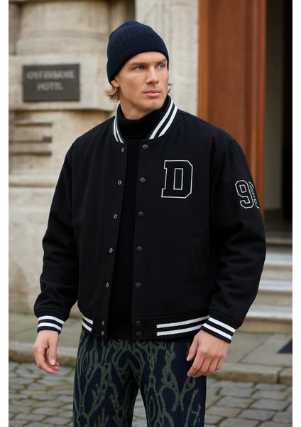 Erkek Oversize Nakışlı Siyah Bol Kot Kolej Ceket fiyatları