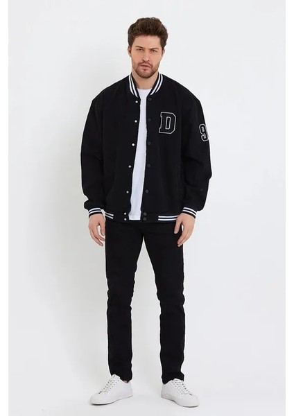 Erkek Oversize Nakışlı Siyah Bol Kot Kolej Ceket indirimleri