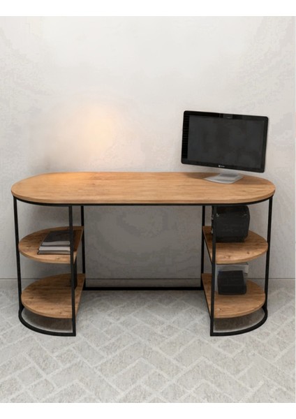 2 Yanı Raflı Çalışma Masası , Makyaj Masası , Ofis Masası Kahverengi ( Atlantik Çam Rengi )