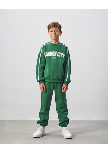 Erkek Çocuk Pamuklu Yeşil London City Baskılı Sweatshirt Eşofman Alt-Üst Takım
