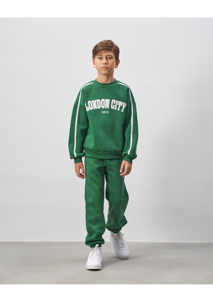 Erkek Çocuk Pamuklu Yeşil London City Baskılı Sweatshirt Eşofman Alt-Üst Takım fırsatları