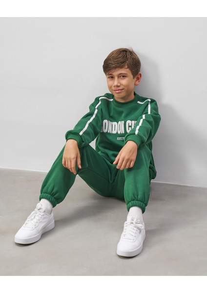 Erkek Çocuk Pamuklu Yeşil London City Baskılı Sweatshirt Eşofman Alt-Üst Takım indirimleri