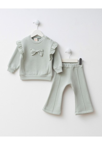 Kız Bebek Pamuklu Yeşil Fiyonk Detaylı Sweatshirt Ispanyol Paça Takım - Dantel Volanlı Şık Tasarım