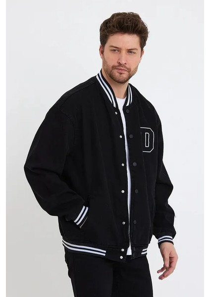 Erkek Oversize Nakışlı Siyah Bol Kot Kolej Ceket fırsatları
