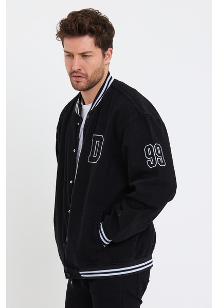 Erkek Oversize Nakışlı Siyah Bol Kot Kolej Ceket