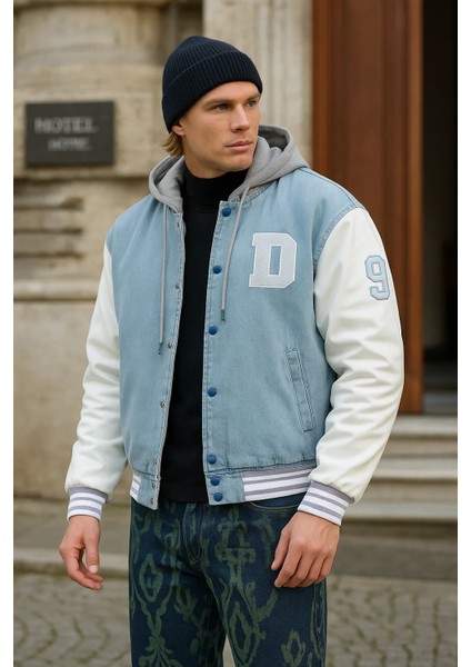 Erkek Oversize Kapşonlu B. Mavi Kot Kolej Ceket
