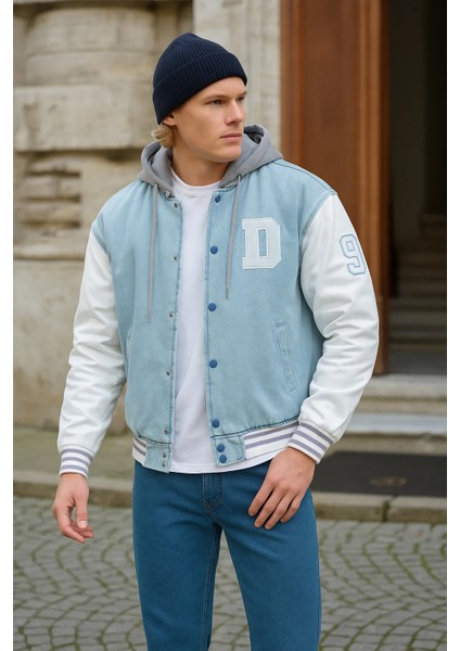Erkek Oversize Kapşonlu B. Mavi Kot Kolej Ceket fiyatları