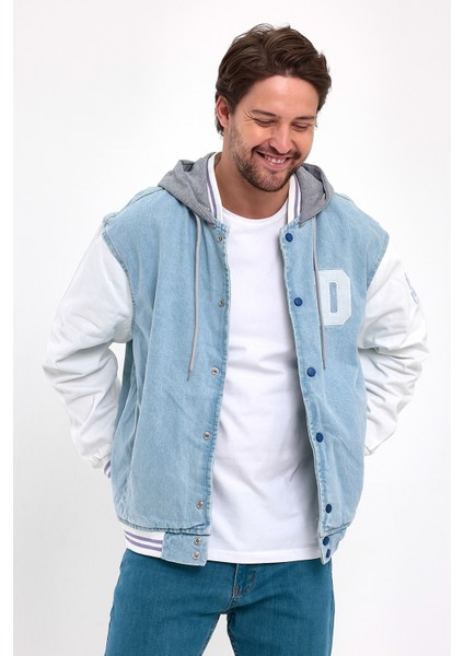 Erkek Oversize Kapşonlu B. Mavi Kot Kolej Ceket indirimleri
