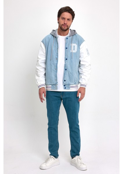 Erkek Oversize Kapşonlu B. Mavi Kot Kolej Ceket