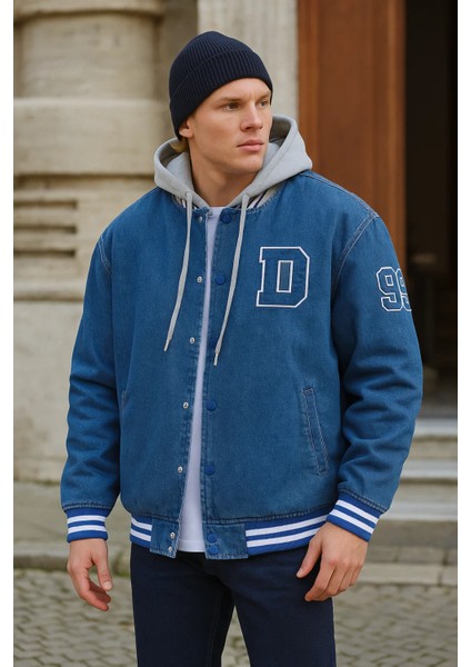 Erkek Oversize Kapşonlu Mavi Bol Kot Kolej Ceket