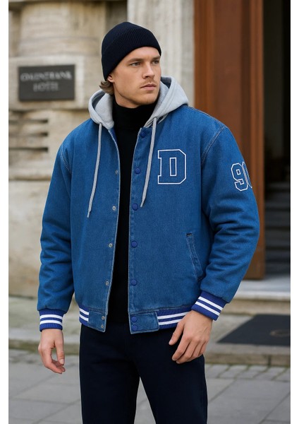 Erkek Oversize Kapşonlu Mavi Bol Kot Kolej Ceket fiyatları
