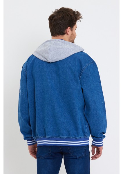 Erkek Oversize Kapşonlu Mavi Bol Kot Kolej Ceket fırsatları