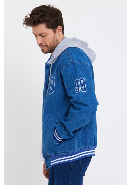 Erkek Oversize Kapşonlu Mavi Bol Kot Kolej Ceket indirimleri