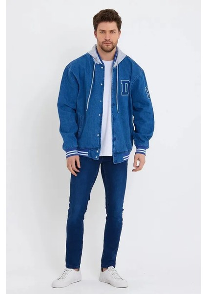 Erkek Oversize Kapşonlu Mavi Bol Kot Kolej Ceket