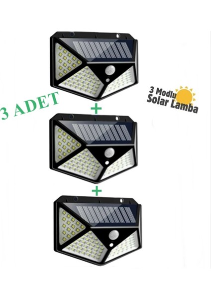 3'lü Paket 100 LED Solar Güneş Enerjili Hareket Sensörlü Bahçe Garaj Ev Aydınlatma Lambası 3 Modlu