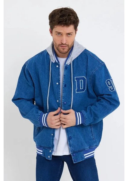 Erkek Oversize Kapşonlu Mavi Bol Kot Kolej Ceket modelleri