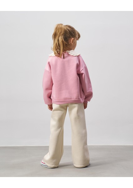 Kız Çocuk Pamuklu Pembe Paris Baskılı Dantel Yaka Sweatshirt Ekru Pantolon Takım fiyatları