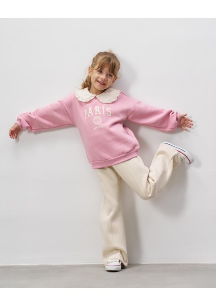 Kız Çocuk Pamuklu Pembe Paris Baskılı Dantel Yaka Sweatshirt Ekru Pantolon Takım modelleri