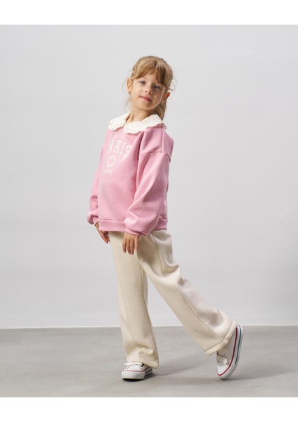 Kız Çocuk Pamuklu Pembe Paris Baskılı Dantel Yaka Sweatshirt Ekru Pantolon Takım fırsatları