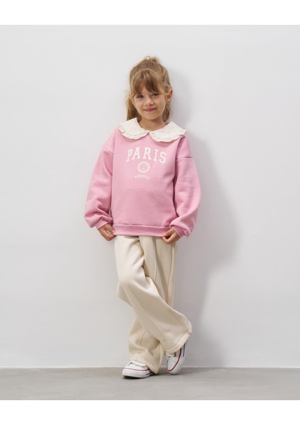 Kız Çocuk Pamuklu Pembe Paris Baskılı Dantel Yaka Sweatshirt Ekru Pantolon Takım indirimleri