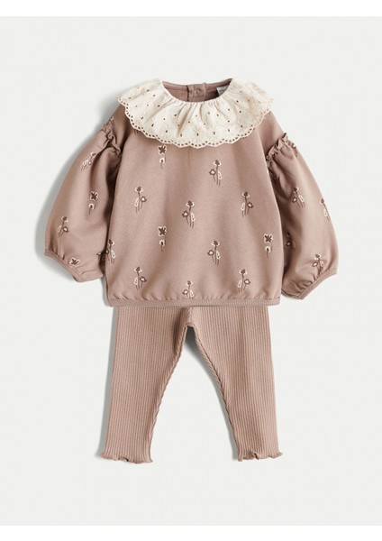 Lcw Baby Bej Bebe Yaka Uzun Kollu Baskılı Kız Bebek Sweatshirt ve Tayt 2'li Takım