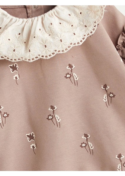 Lcw Baby Bej Bebe Yaka Uzun Kollu Baskılı Kız Bebek Sweatshirt ve Tayt 2'li Takım modelleri