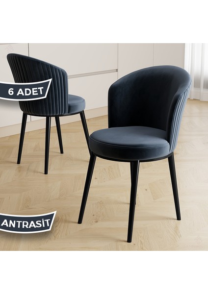 Risa Serisi 6 Adet Antrasit Mutfak Sandalyesi Siyah Metal Ayak 1.sınıf Babyface Kumaş