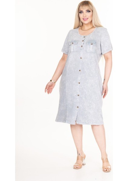 Kadın Büyük Beden Cep Düğme Detay Bisiklet Yaka %100 Pamuk Yıkamalı Safari Elbise fiyatları