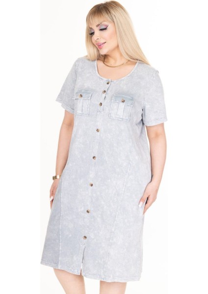 Kadın Büyük Beden Cep Düğme Detay Bisiklet Yaka %100 Pamuk Yıkamalı Safari Elbise