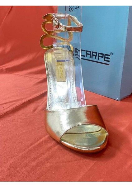 LES024 Altın Gold Bilekten Bağlamalı Yılan Topuk Detaylı Yüksek Ince Topuklu Ayakkabı Stiletto modelleri
