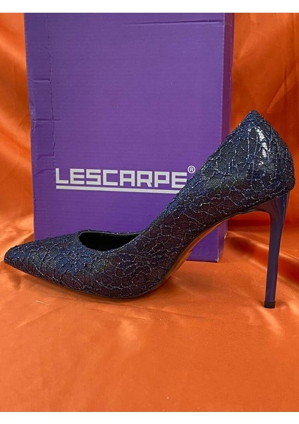 LES026 Mavi Desenli Topuklu Kadın Stiletto Ayakkabı