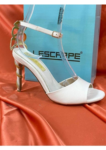 LES024 Bej (Krem) Bilekten Bağlamalı Yılan Topuk Detaylı Yüksek Ince Topuklu Ayakkabı Stiletto fiyatları