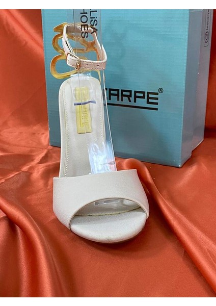 LES024 Bej (Krem) Bilekten Bağlamalı Yılan Topuk Detaylı Yüksek Ince Topuklu Ayakkabı Stiletto modelleri